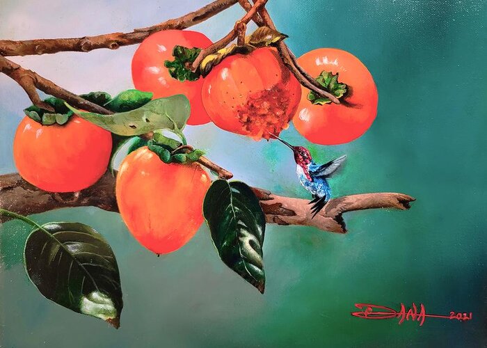 Birds Greeting Card featuring the painting Bumblebee hummer and Persimmons by Dana Newman