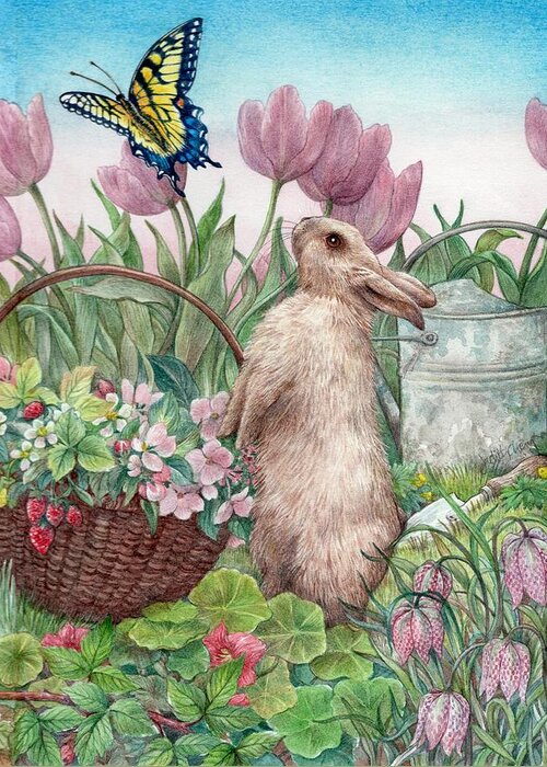 Illustrated Bunny Greeting Card featuring the painting Bunny in Spring Garden by Judith Cheng