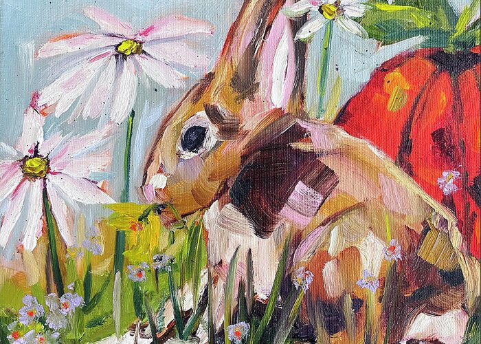 Bunny Greeting Card featuring the painting Bunny in the Garden by Roxy Rich