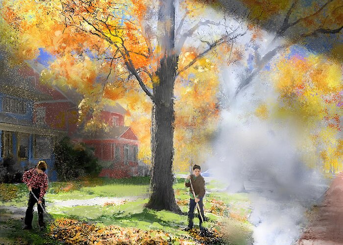Autumn Greeting Card featuring the digital art Burning The Leaves - 1950s by Glenn Galen
