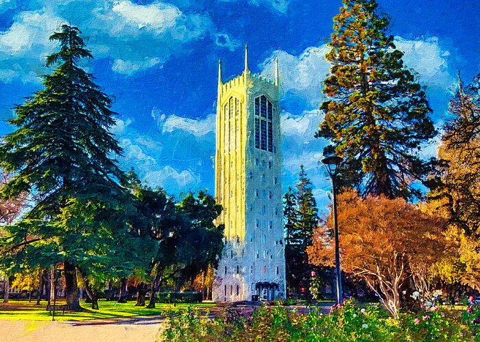 Burns Tower Greeting Card featuring the digital art Burns Tower of the University of the Pacific in Stockton, California by Nicko Prints