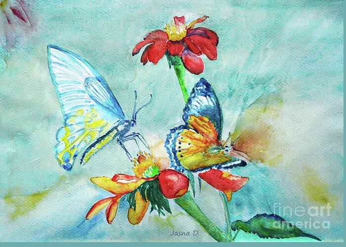 Spring Greeting Card featuring the painting Butterfly dance by Jasna Dragun