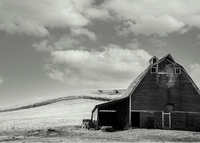 Palouse Greeting Card featuring the photograph BW Skies with Barn by Connie Carr
