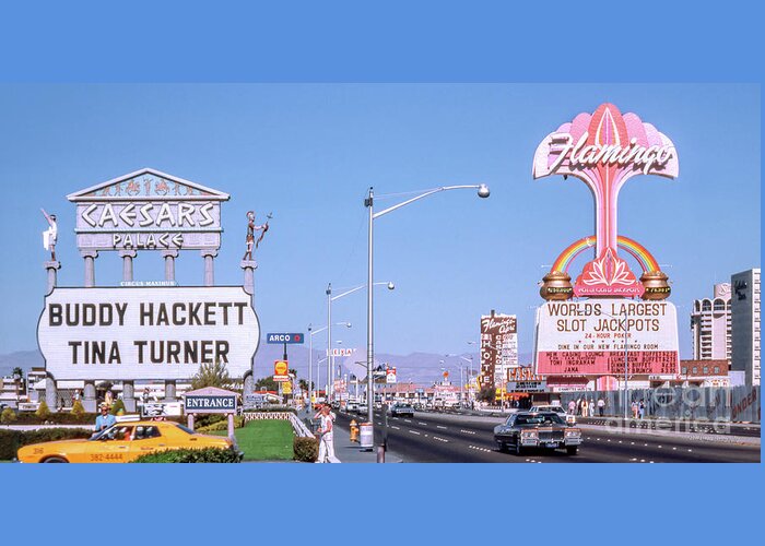 Flamingo Casino Neon Sign Greeting Card featuring the photograph Caesars Palace Casino and Flamingo Casino Marquee Signs 1970's 2 to 1 Ratio by Aloha Art