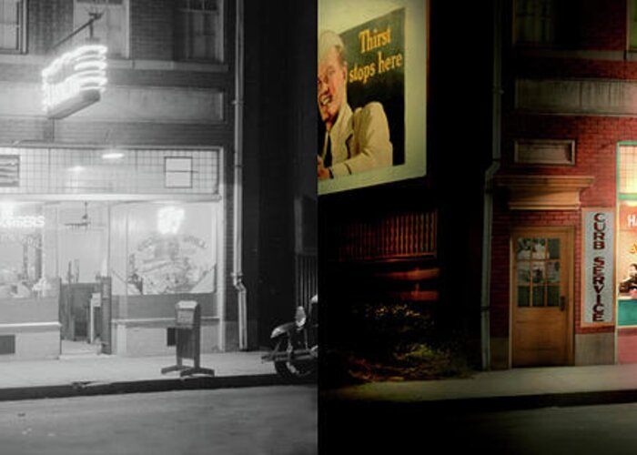 North Carolina Greeting Card featuring the photograph Cafe - Durham, NC - Late night cravings 1940 - Side by Side by Mike Savad