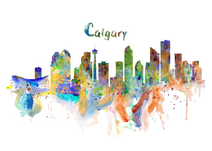 Marian Voicu Greeting Card featuring the painting Calgary Watercolor Skyline by Marian Voicu