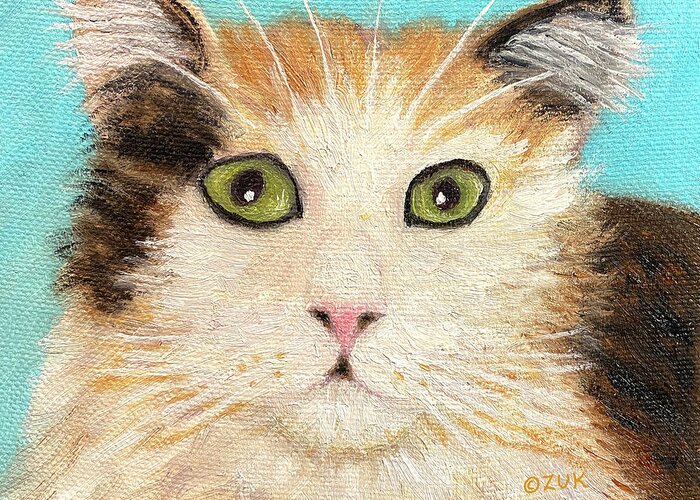 Cat Art Greeting Card featuring the painting Calico Cat Face by Karen Zuk Rosenblatt
