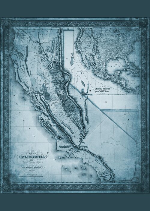 California Greeting Card featuring the photograph California Antique Vintage Map 1852 Blue by Carol Japp