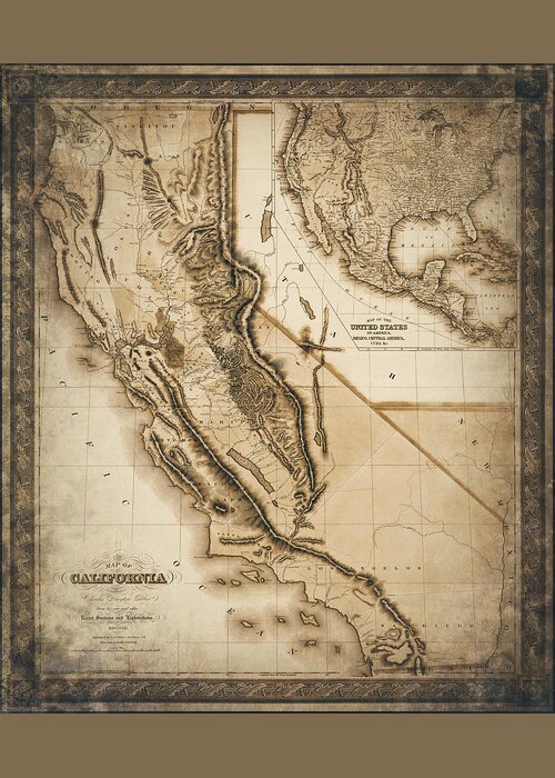 California Greeting Card featuring the photograph California Antique Vintage Map 1852 Sepia by Carol Japp