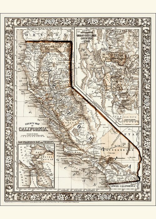California Greeting Card featuring the photograph California Vintage County Map 1860 Sepia by Carol Japp