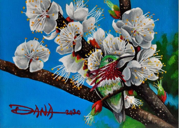 Birds Greeting Card featuring the painting Calliope on Plum Blossoms by Dana Newman