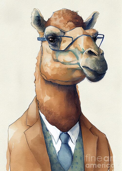 Camel Greeting Card featuring the painting Camel in Suit Watercolor Hipster Animal Retro Costume by Jeff Creation