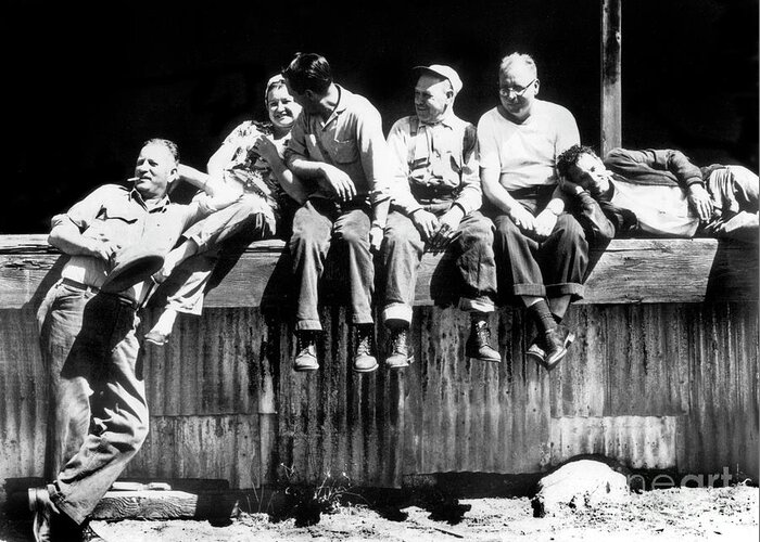 Cannery Greeting Card featuring the photograph Canney workers take a brake on the loading dock of Hovden Cannery 1950 by Monterey County Historical Society