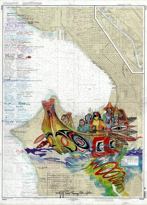 Canoe Journey Greeting Card featuring the drawing Canoe Journey Seattle by Running Fisher