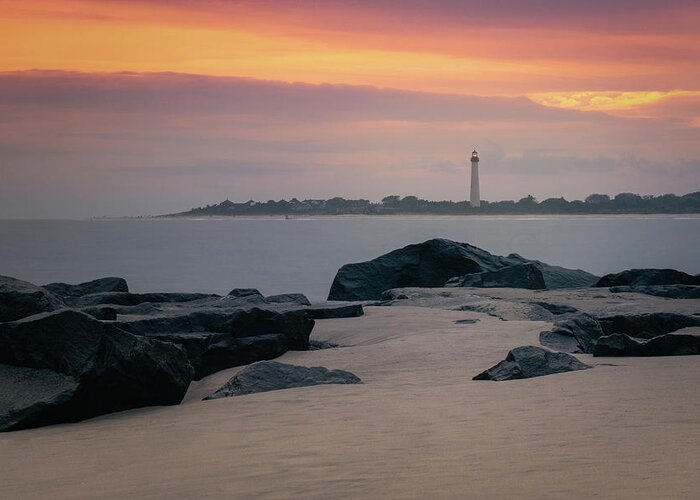 Lighthouse Greeting Card featuring the photograph Cape May Lighthouse Beach Sunset by Jason Fink