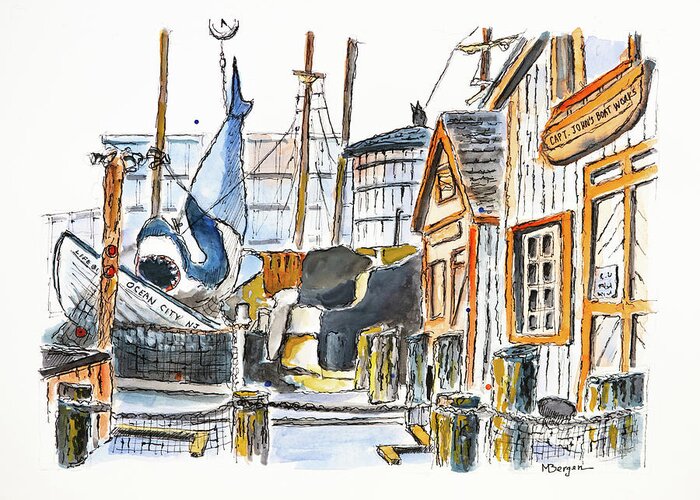 Shark Greeting Card featuring the drawing Capt John's Boat Works NJ by Mike Bergen