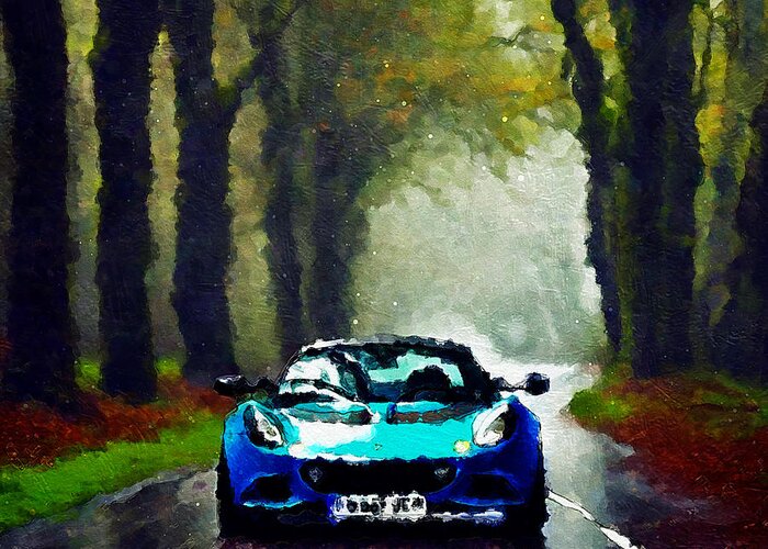 Abstract Greeting Card featuring the digital art Car 2015 Lotus Elise S Cup drive forest bluesky rain by Armand Hermann