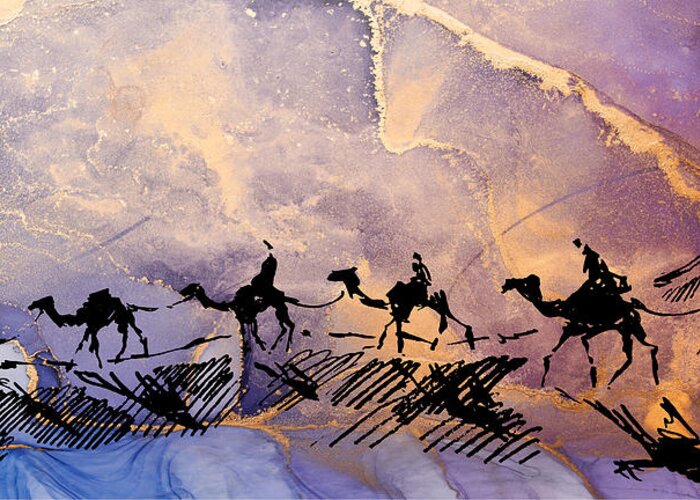 Travel Greeting Card featuring the painting Caravan Of Camels In The Desert by Miki De Goodaboom