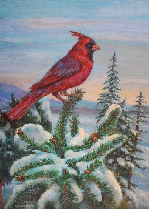 Snow Scene Greeting Card featuring the painting Cardinal Bird by Veronica Cassell vaz