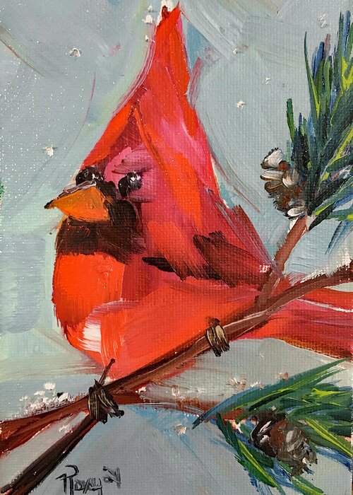 Cardinal Greeting Card featuring the painting Cardinal in a Fir Tree by Roxy Rich