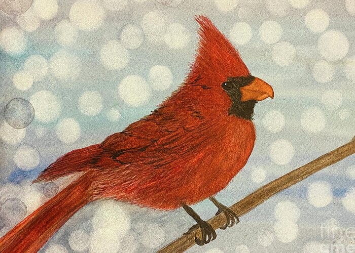 Cardinal Greeting Card featuring the painting Cardinal in Snow by Lisa Neuman