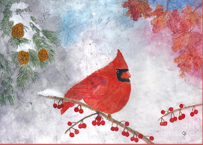 Cardinal Greeting Card featuring the painting Cardinal with red berries and pine cones by Conni Schaftenaar