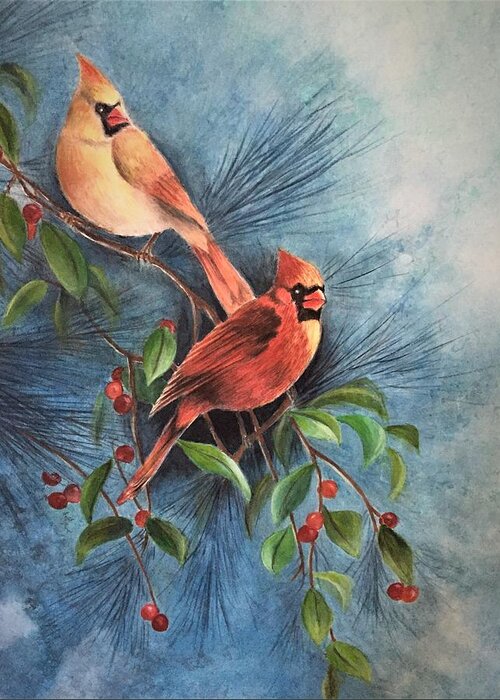 Birds Greeting Card featuring the painting Cardinals by Vina Yang
