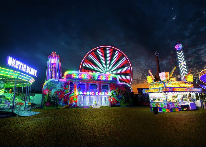 Swing Ride Greeting Card featuring the photograph Carnival Lights and Midway Delights - Standard Version by Mark Andrew Thomas