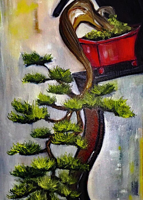 Bonsai Tree Greeting Card featuring the painting Cascading Bonsai on a Modern Stand by Roxy Rich