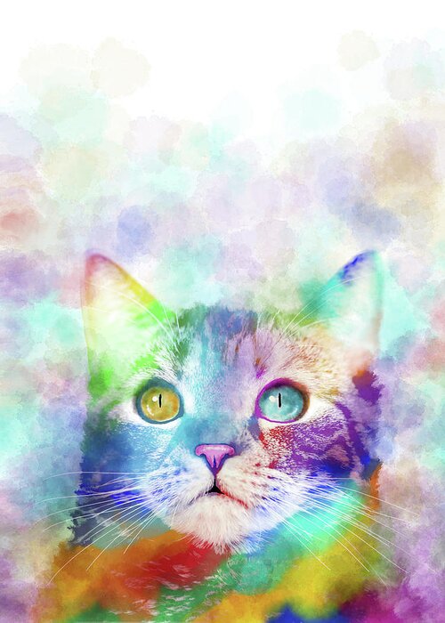 Cat Greeting Card featuring the digital art Cat 663 multicolor cat by artist Lucie Dumas by Lucie Dumas