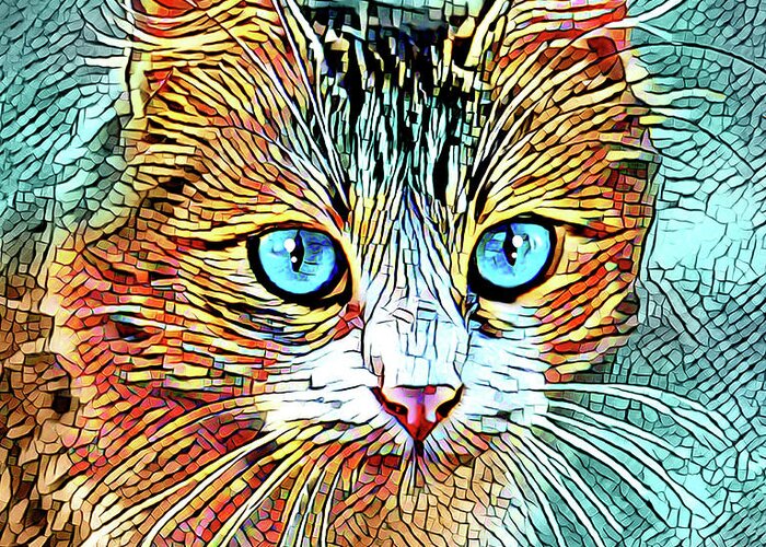 Cat Greeting Card featuring the digital art Cat 685 Turquoise Orange by Lucie Dumas