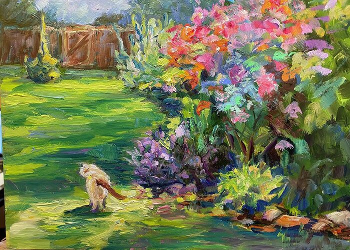 Cat Greeting Card featuring the painting Cat in the Garden by Madeleine Shulman