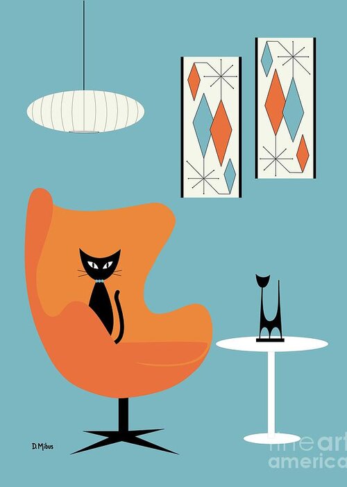 Mid Century Modern Greeting Card featuring the digital art Cat in Turquoise Room by Donna Mibus