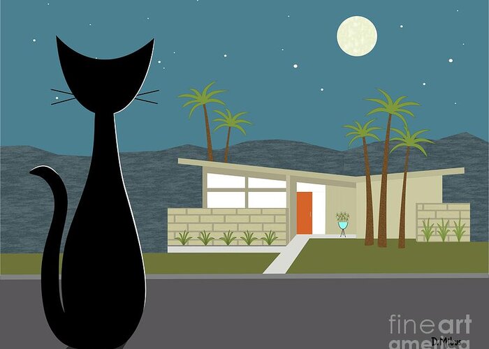 Cat Greeting Card featuring the digital art Cat Looking at Mid Century Modern House by Donna Mibus