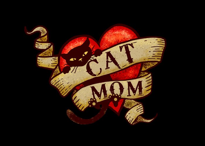 Cat Mom Greeting Card featuring the digital art Cat Mom in Retro Heart Tattoo by Laura Ostrowski