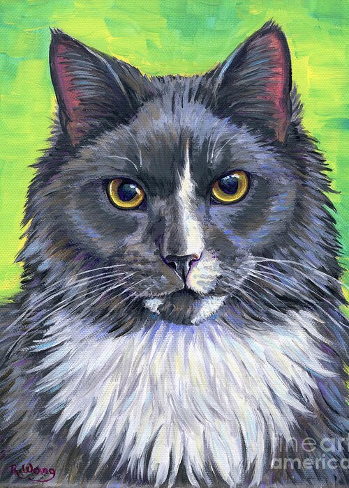 Maine Coon Greeting Card featuring the painting Cat Portrait - Lenny by Rebecca Wang