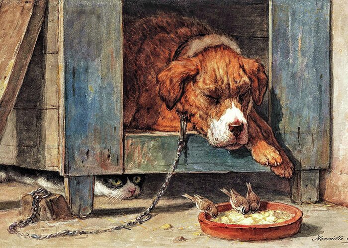 Cat Watches Birds With A Sleeping Dog Greeting Card featuring the painting Cat watches birds with a sleeping dog - Digital Remastered Edition by Henriette Ronner-Knip