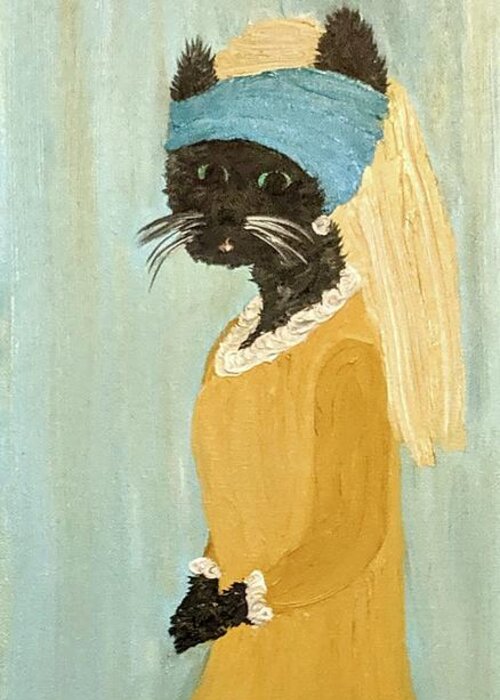 Cat Greeting Card featuring the painting Cat with a Purrl Earring by Misty Morehead