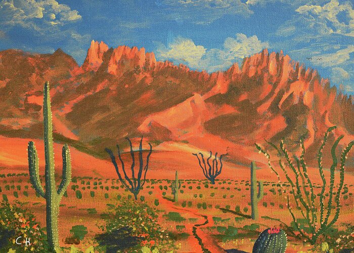 Catalina Mountains Greeting Card featuring the painting Catalina Mountains and Pusch Ridge Wilderness, Oro Valley, AZ by Chance Kafka