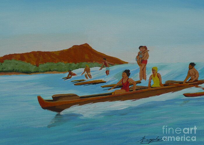 Hawaii Greeting Card featuring the painting Catching a Waikiki Wave by Anthony Dunphy