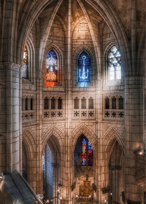 Cathedral Greeting Card featuring the photograph Cathedral stained glass windows by Micah Offman