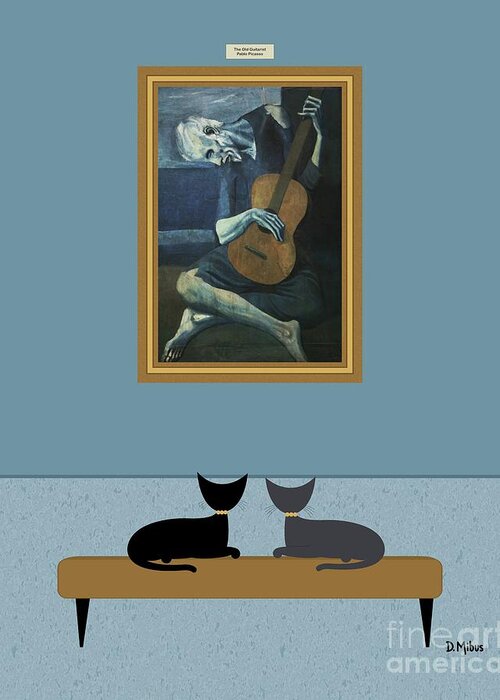 Black Cat Greeting Card featuring the digital art Cats Admire Picasso Old Guitarist by Donna Mibus