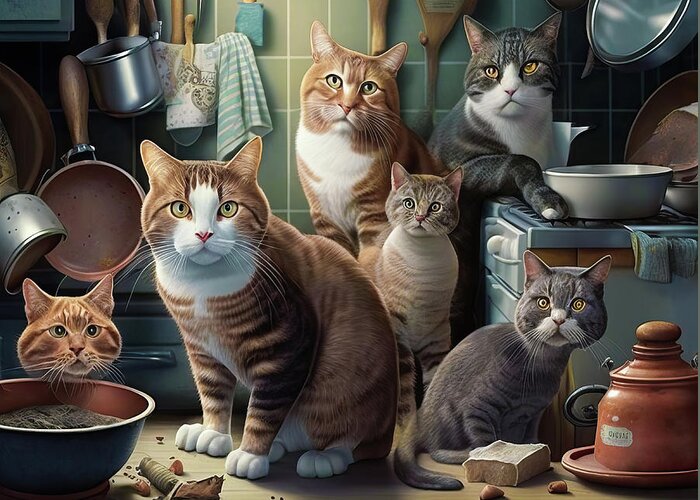 Cats Greeting Card featuring the digital art Cats in the Kitchen 01 by Matthias Hauser