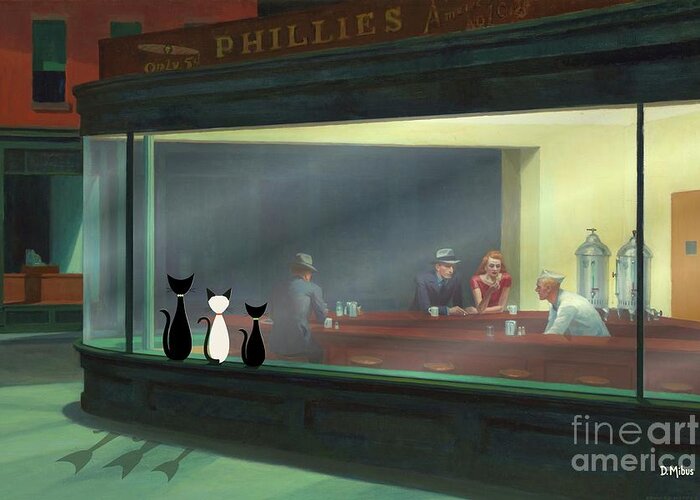 Nighthawks Greeting Card featuring the digital art Cats Peer Into Nighthawks Diner by Donna Mibus