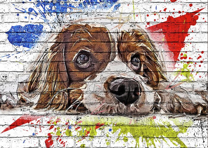 Cavalier Greeting Card featuring the painting Cavalier King Charles Spaniel Block Wall Pop Graffiti by Custom Pet Portrait Art Studio