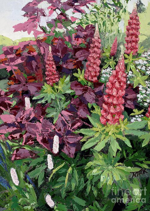 Oil Painting Greeting Card featuring the painting Cawdor Castle Lupins, 2015 by PJ Kirk