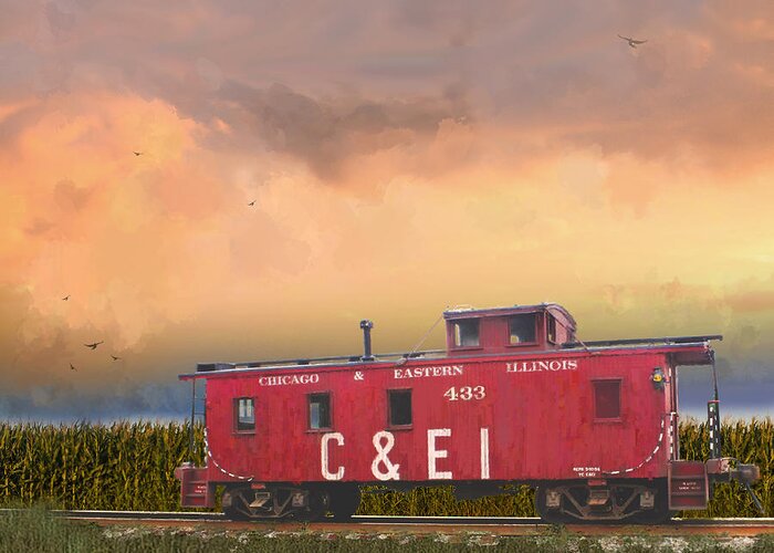 Historic Railroad Art Greeting Card featuring the painting C E and I Caboose at Dawn by Glenn Galen