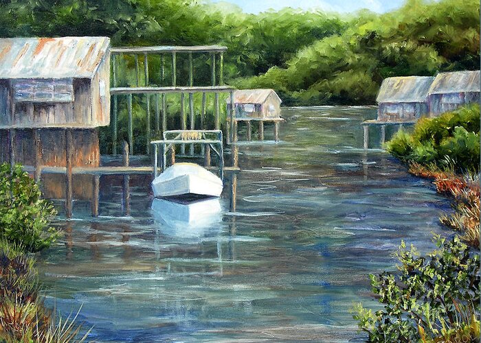 Landscape Greeting Card featuring the painting Cedar Key Canal by Art by Carol May