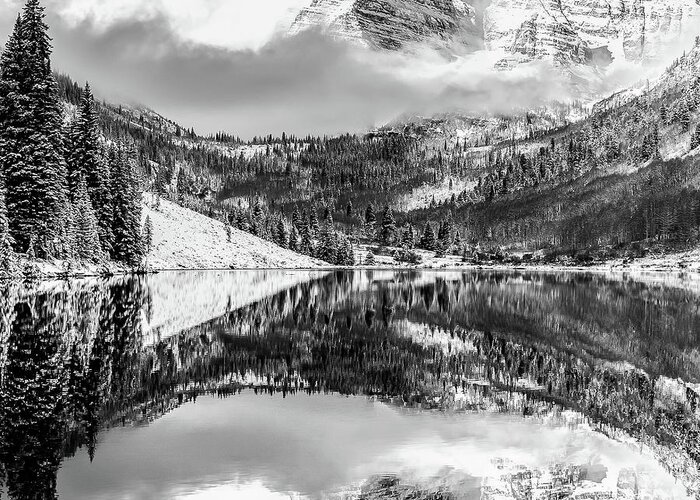 Aspen Greeting Card featuring the photograph Center Panel 2 of 3 - Maroon Bells Mountain Landscape Panoramic BW - Aspen Colorado by Gregory Ballos