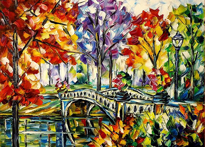 Colorful Cityscape Greeting Card featuring the painting Central Park, Bow Bridge by Mirek Kuzniar